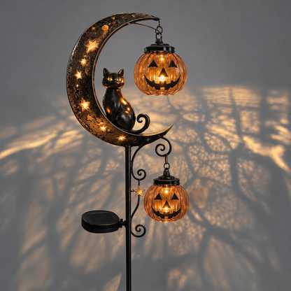 Solar Black Cat & Pumpkin Moon Stake Light