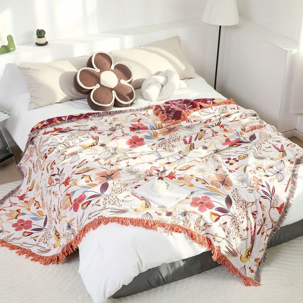 Reversible Cotton Throw Blanket - Jungle Garden Print