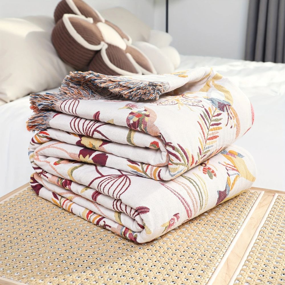 Reversible Cotton Throw Blanket - Jungle Garden Print