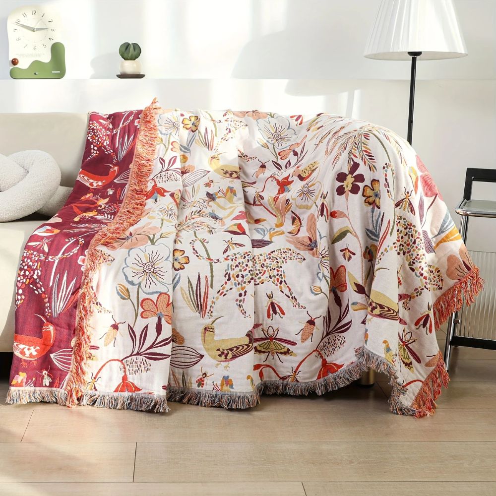 Reversible Cotton Throw Blanket - Jungle Garden Print