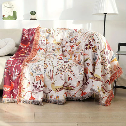 Reversible Cotton Throw Blanket - Jungle Garden Print