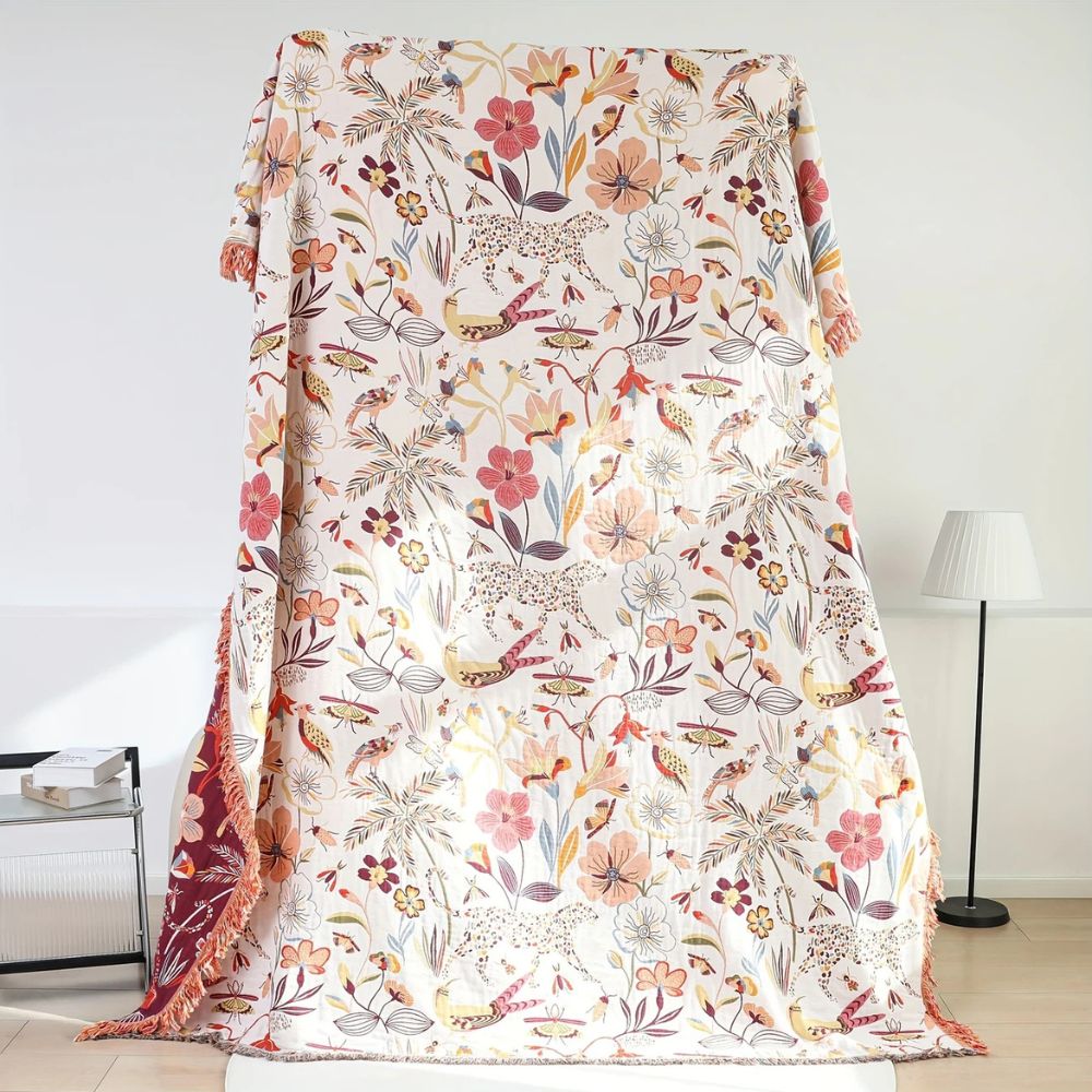 Reversible Cotton Throw Blanket - Jungle Garden Print