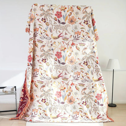 Reversible Cotton Throw Blanket - Jungle Garden Print