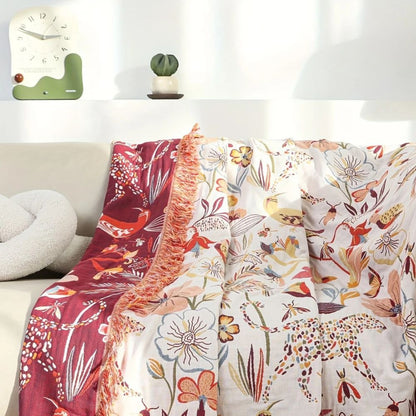 Reversible Cotton Throw Blanket - Jungle Garden Print