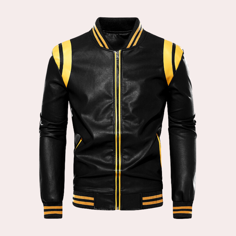 Leather Bomber Jacket with Zipper and Sport Stripes