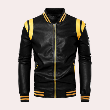 Leather Bomber Jacket with Zipper and Sport Stripes