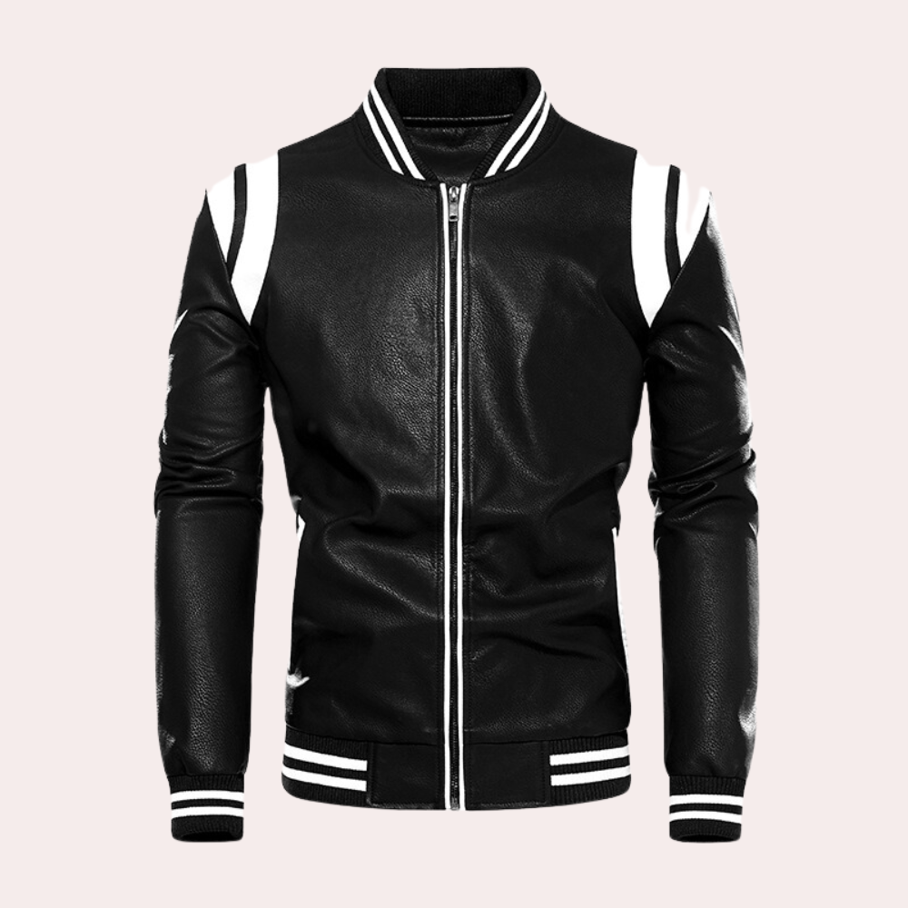 Leather Bomber Jacket with Zipper and Sport Stripes