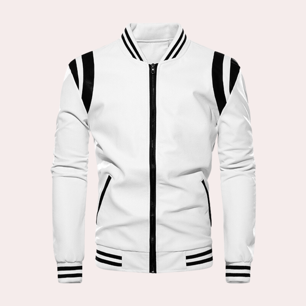 Leather Bomber Jacket with Zipper and Sport Stripes