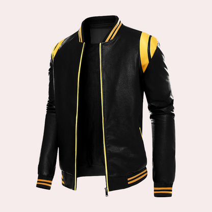 Leather Bomber Jacket with Zipper and Sport Stripes
