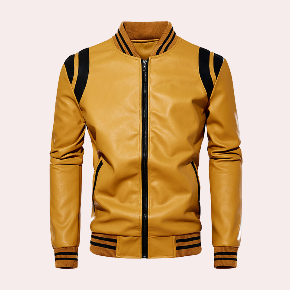 Leather Bomber Jacket with Zipper and Sport Stripes