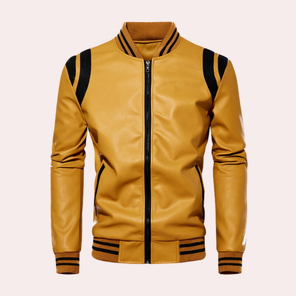 Leather Bomber Jacket with Zipper and Sport Stripes