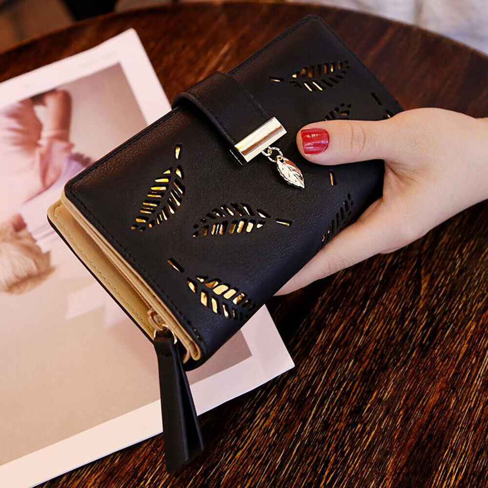 Elegant PU Leather Long Wallet with Golden Leaf Design