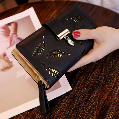Elegant PU Leather Long Wallet with Golden Leaf Design
