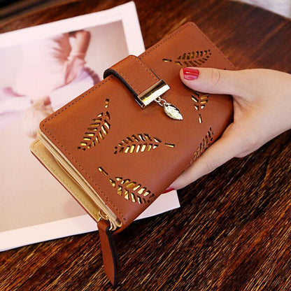 Elegant PU Leather Long Wallet with Golden Leaf Design