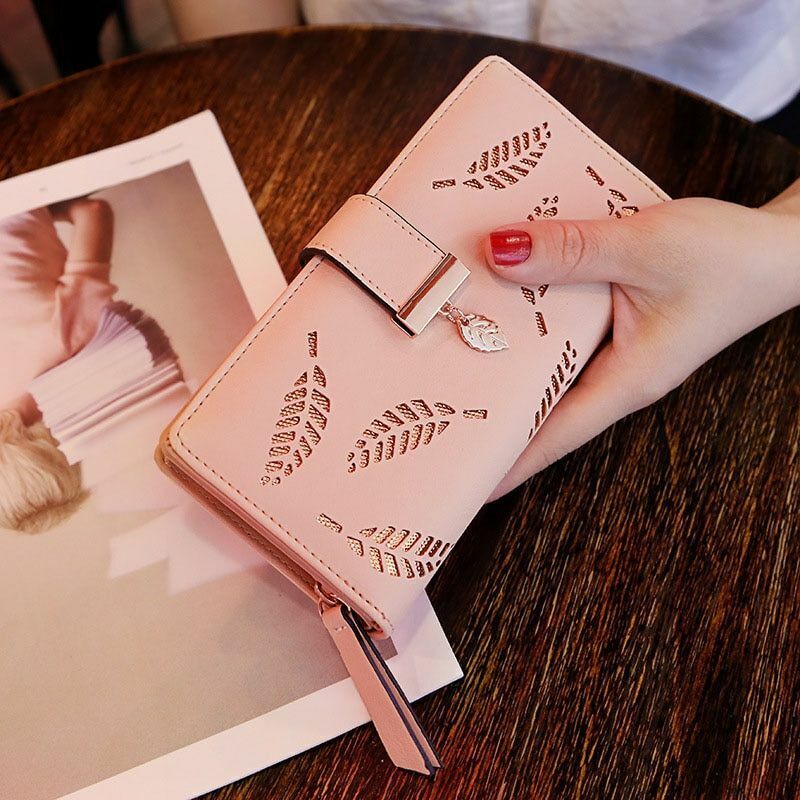 Elegant PU Leather Long Wallet with Golden Leaf Design