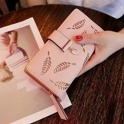Elegant PU Leather Long Wallet with Golden Leaf Design