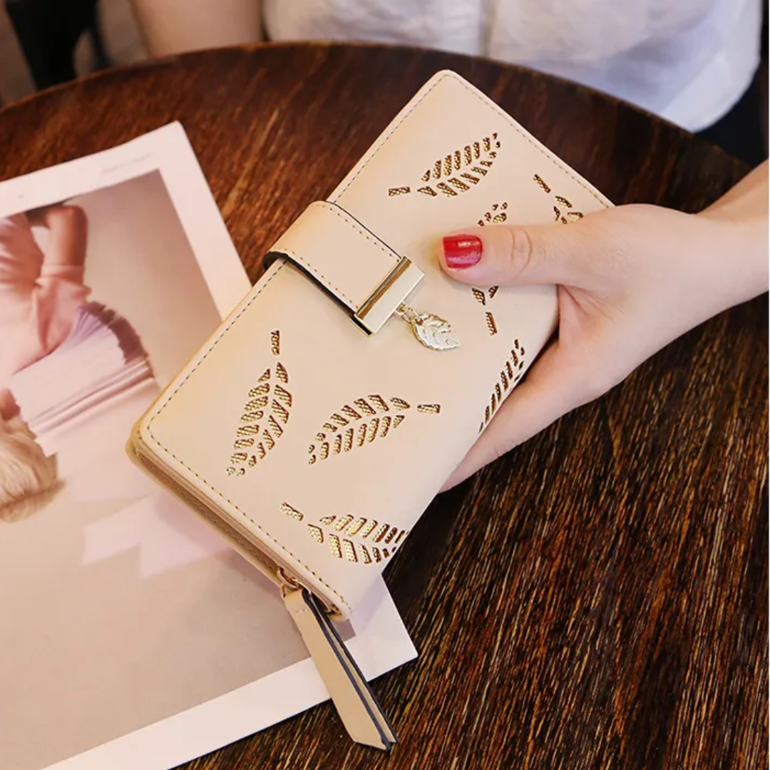 Elegant PU Leather Long Wallet with Golden Leaf Design
