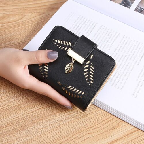 Elegant PU Leather Long Wallet with Golden Leaf Design