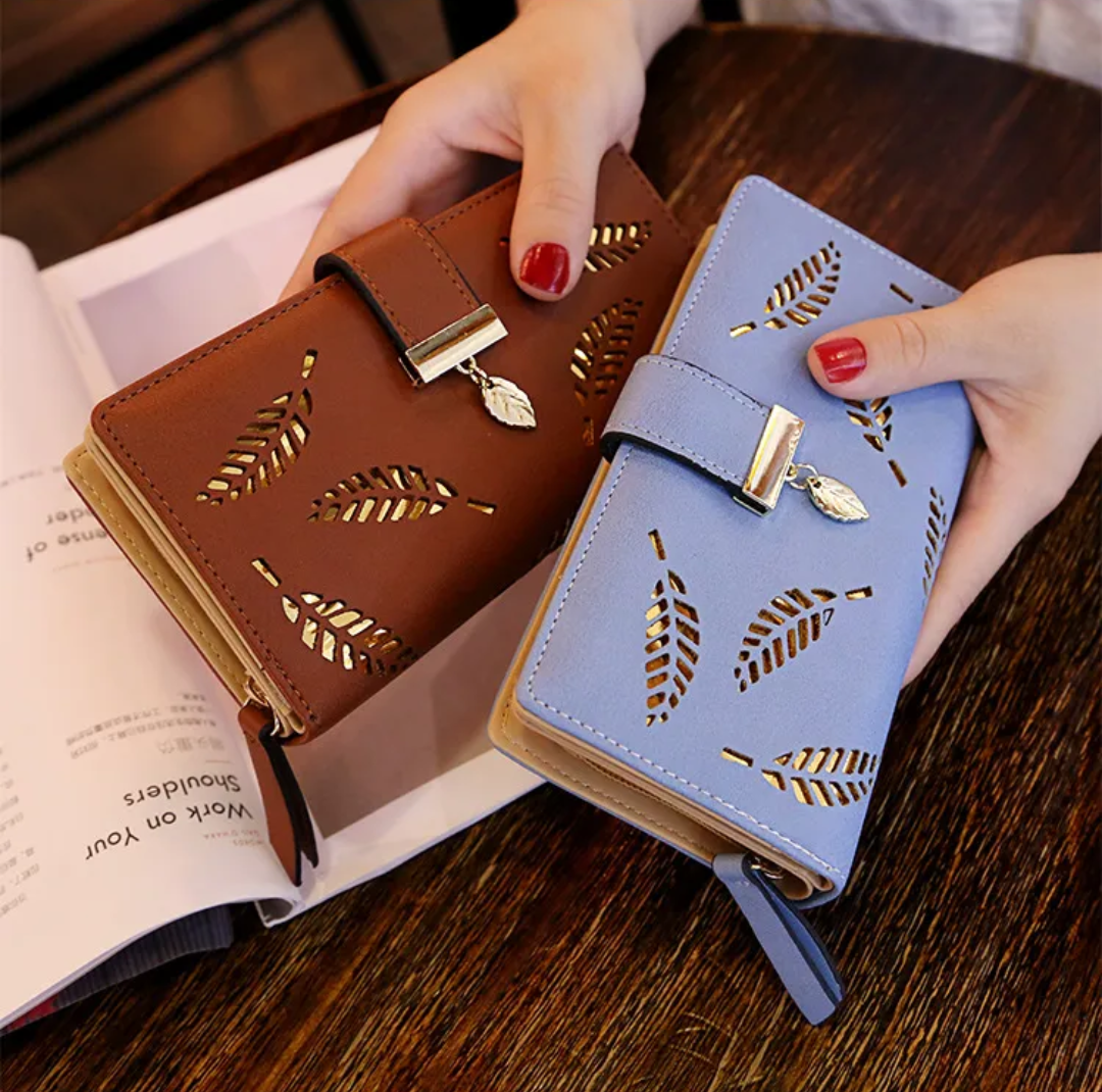Elegant PU Leather Long Wallet with Golden Leaf Design