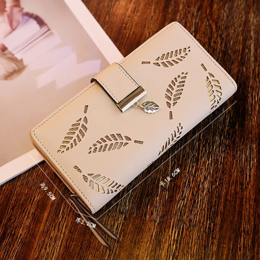Elegant PU Leather Long Wallet with Golden Leaf Design