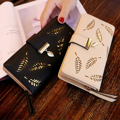 Elegant PU Leather Long Wallet with Golden Leaf Design