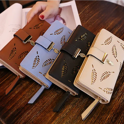 Elegant PU Leather Long Wallet with Golden Leaf Design