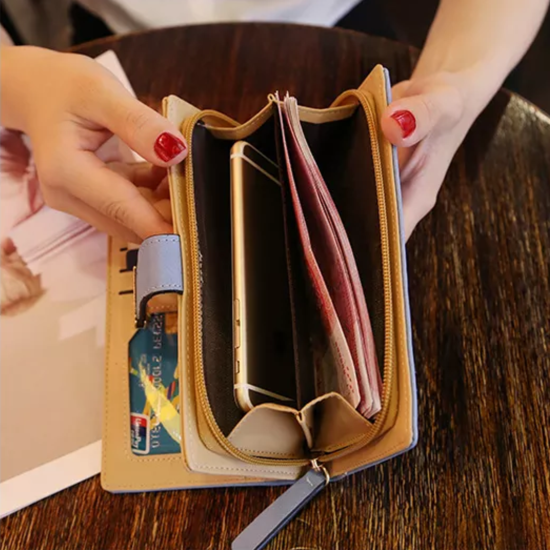 Elegant PU Leather Long Wallet with Golden Leaf Design