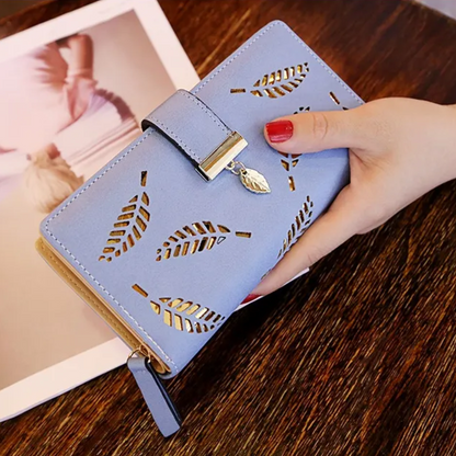 Elegant PU Leather Long Wallet with Golden Leaf Design