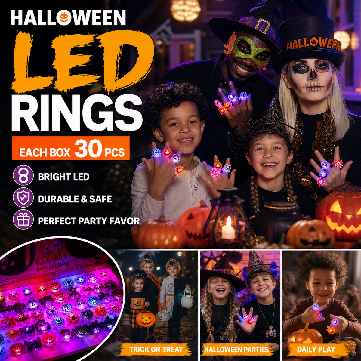 50 Pieces Each Box‼LED Light Halloween Glowing Ring | Flashing Light‑Up Party Favor for Halloween Night