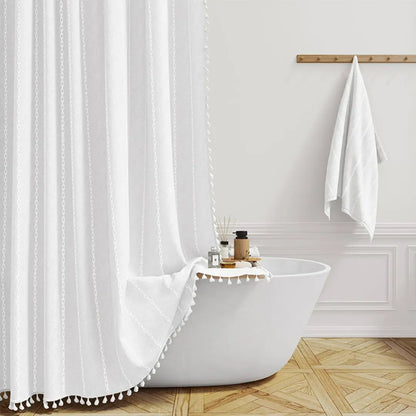 LINENCOVE Bohemian Linen Shower Curtain with Tassels & Waterproof Fabric