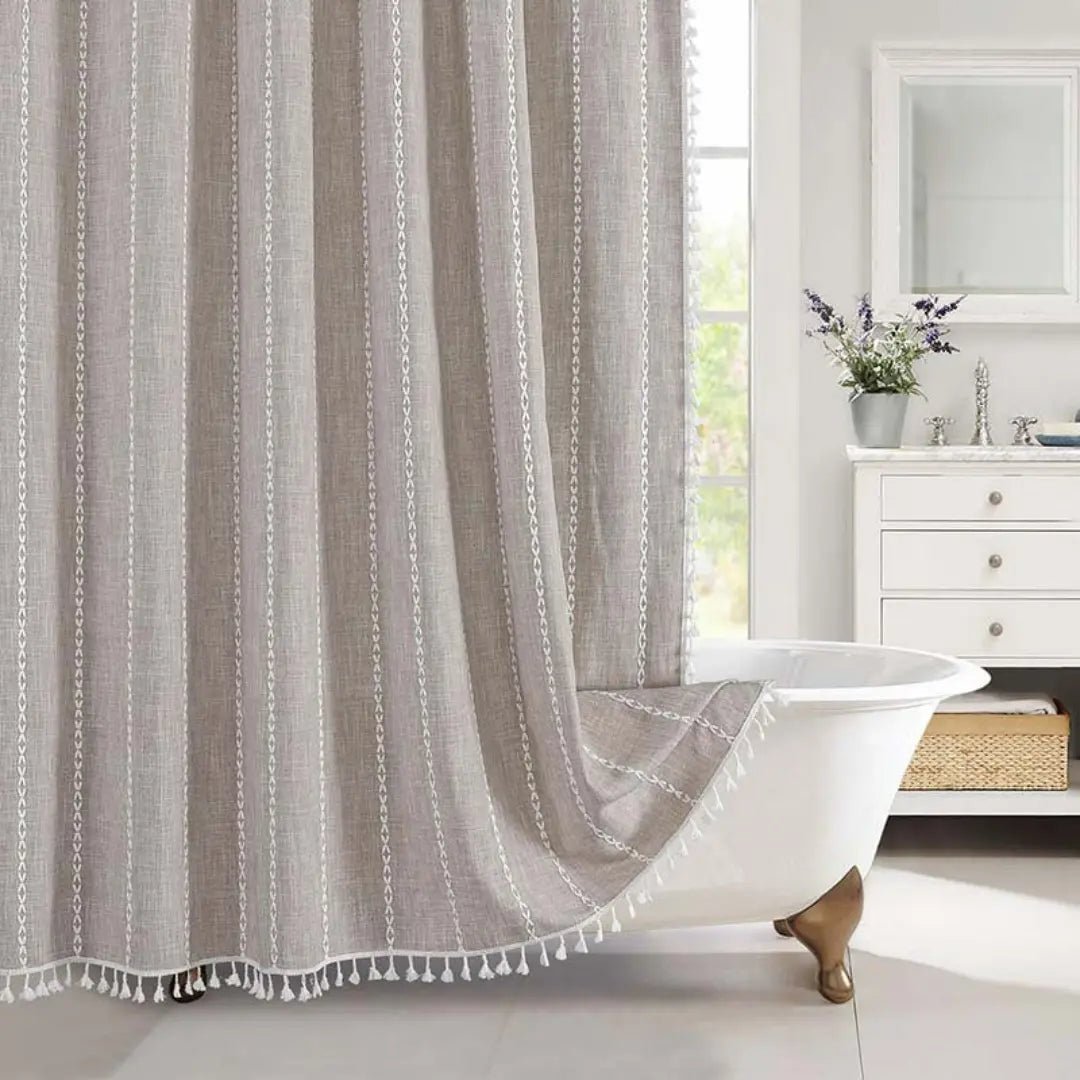 LINENCOVE Bohemian Linen Shower Curtain with Tassels & Waterproof Fabric