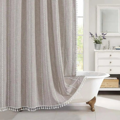 LINENCOVE Bohemian Linen Shower Curtain with Tassels & Waterproof Fabric