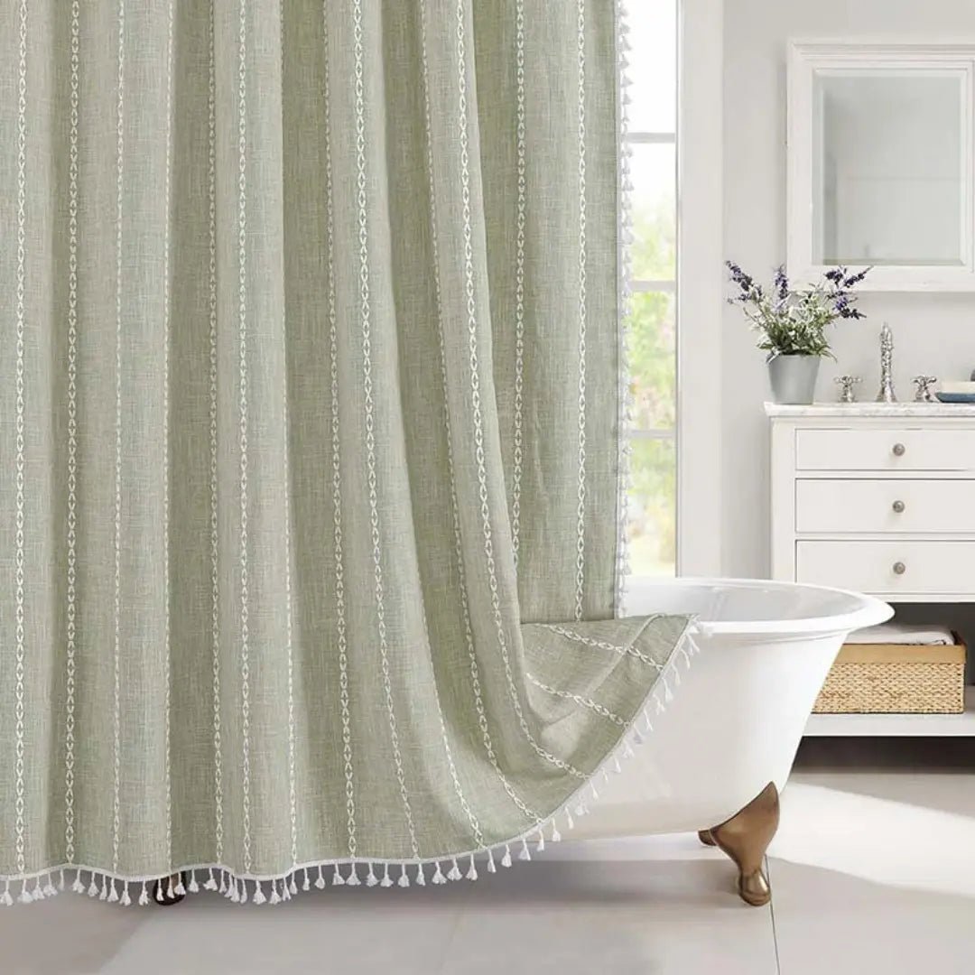LINENCOVE Bohemian Linen Shower Curtain with Tassels & Waterproof Fabric