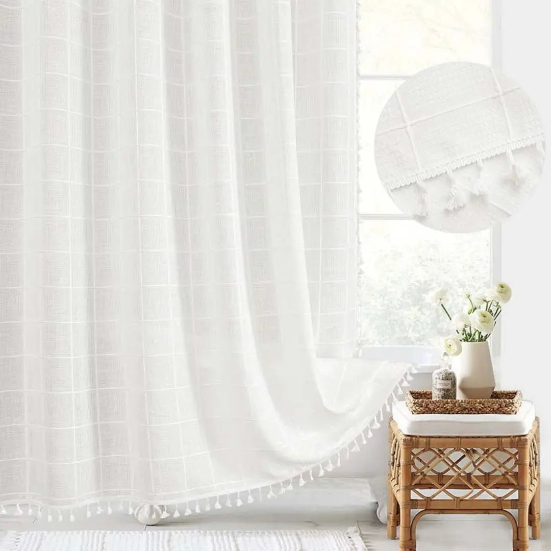 LINENCOVE Bohemian Linen Shower Curtain with Tassels & Waterproof Fabric