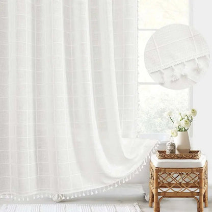 LINENCOVE Bohemian Linen Shower Curtain with Tassels & Waterproof Fabric