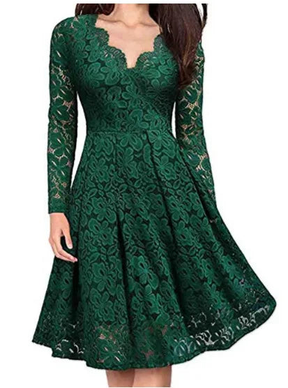 Long Sleeve Slash Neck Lace Dress