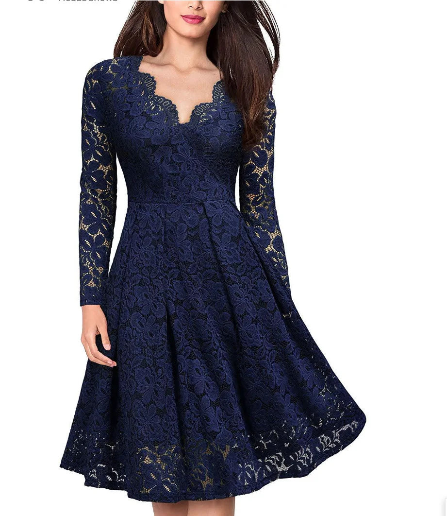 Long Sleeve Slash Neck Lace Dress
