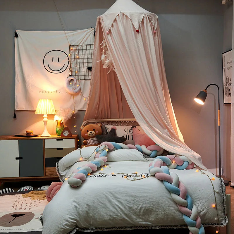 LumaNest Kids Bed Canopy With Tassels In White Pink Grey