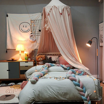 LumaNest Kids Bed Canopy With Tassels In White Pink Grey