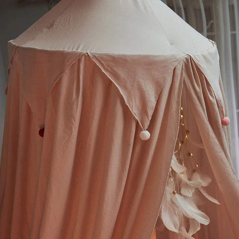 LumaNest Kids Bed Canopy With Tassels In White Pink Grey