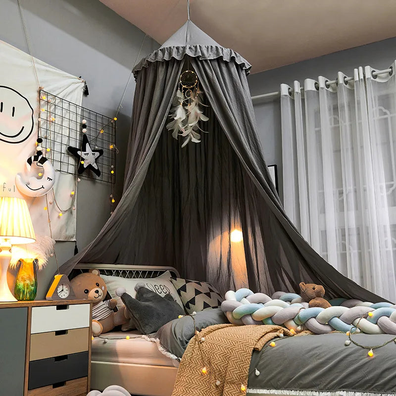 LumaNest Kids Bed Canopy With Tassels In White Pink Grey