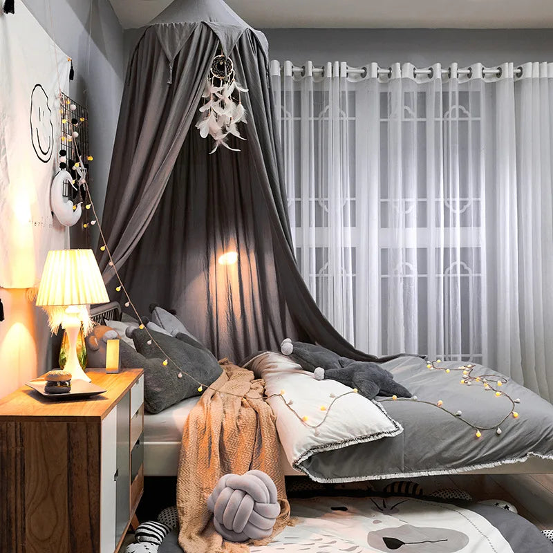 LumaNest Kids Bed Canopy With Tassels In White Pink Grey