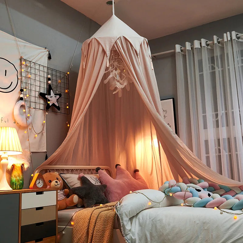 LumaNest Kids Bed Canopy With Tassels In White Pink Grey