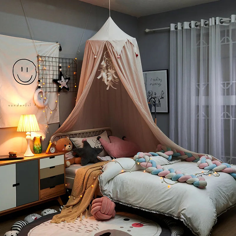 LumaNest Kids Bed Canopy With Tassels In White Pink Grey
