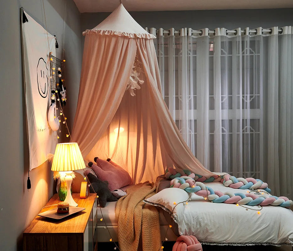 LumaNest Kids Bed Canopy With Tassels In White Pink Grey