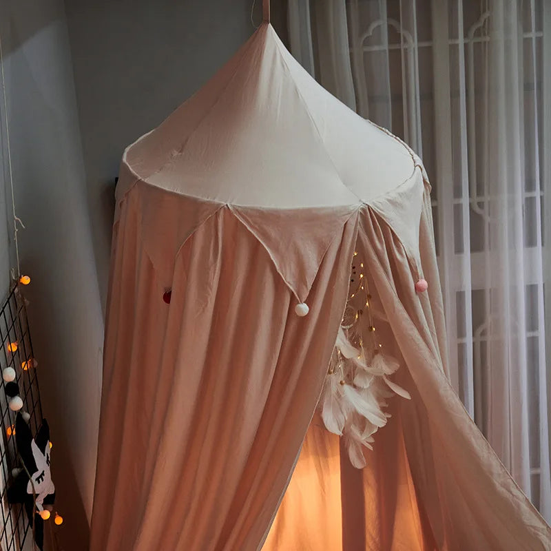 LumaNest Kids Bed Canopy With Tassels In White Pink Grey