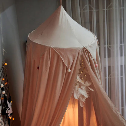 LumaNest Kids Bed Canopy With Tassels In White Pink Grey
