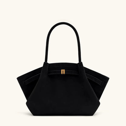Elegant Black Faux Suede Shoulder Tote - Spacious & Stylish