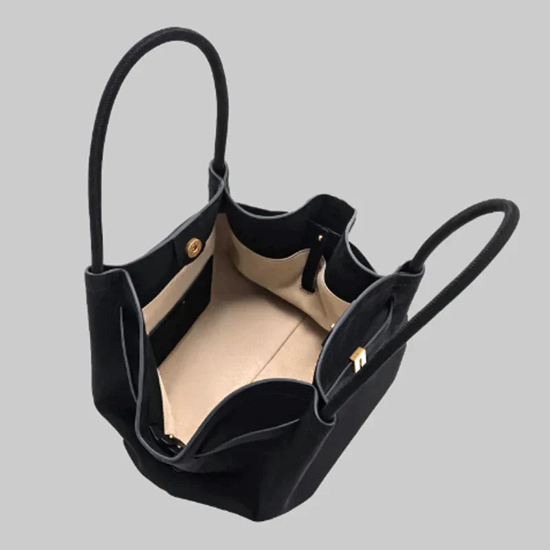 Elegant Black Faux Suede Shoulder Tote - Spacious & Stylish