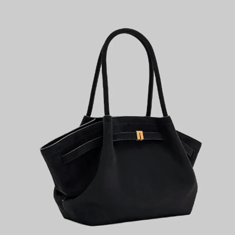 Elegant Black Faux Suede Shoulder Tote - Spacious & Stylish